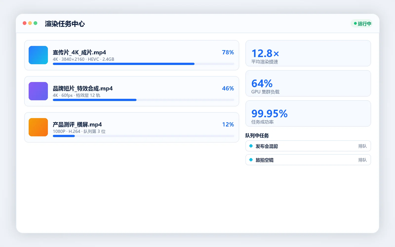 桢剧云渲染任务中心界面预览：云端任务队列、渲染进度与 GPU 集群负载